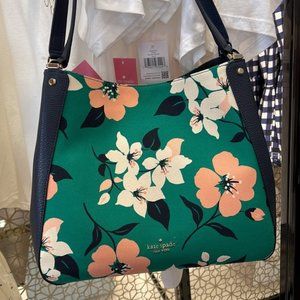 Kate Spade Leila Medium Triple Compartment Shoulder Bag Lily Blooms Green Multi